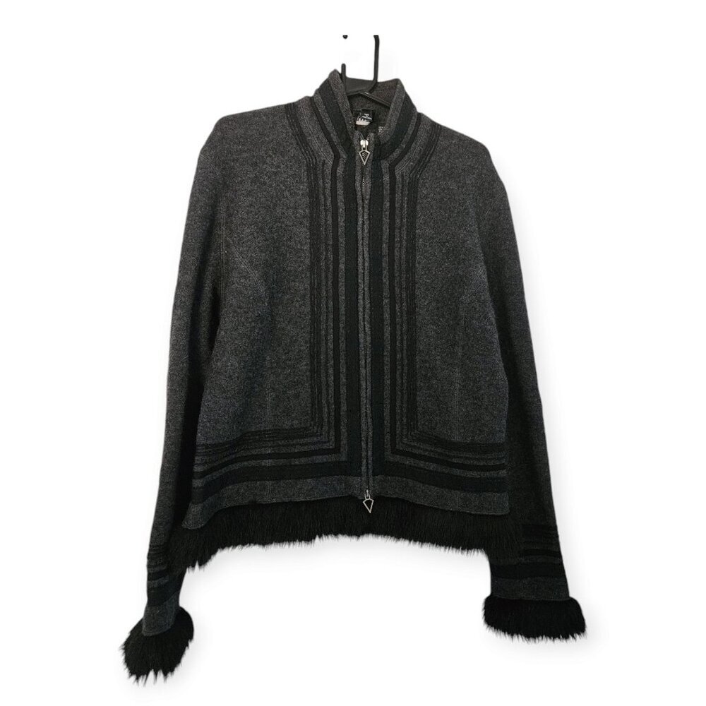 Worth Black and Gray 100% Wool Faux Fur Trim Zip Sweater size largeSize Large